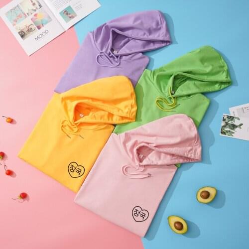 New Womens Hooded Pullovers Autumn Thin Clothes Harajuku Kawaii Heart Print Sweatshirt Kpop Loose Cotton Long Sleeve Hoodies