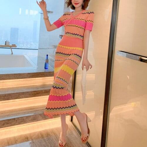 New Fashion 2021 Designer 2 Piece Set Womens Short Sleeve Elegant Temperament V-Neck Top+Elastic Waist Stripe Long Skirts Set