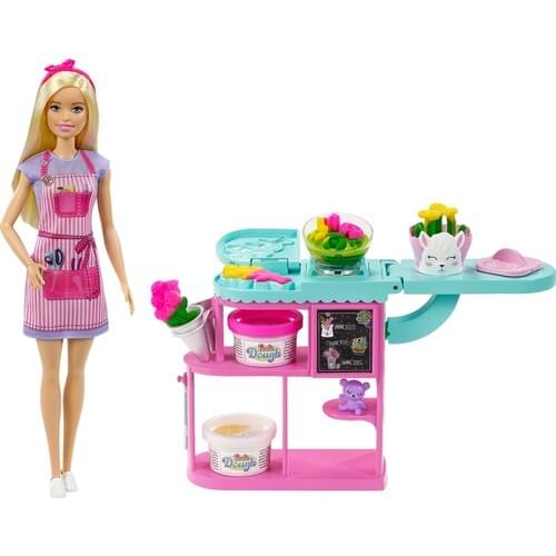 Original Barbie Florist Playset GTN58 Barbie with 30cm Blonde Doll Flower-Making Station 3 Dough Colors Mold 2 Vases Teddy Bear