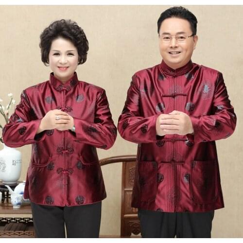 Autumn Long Sleeve Elderly Couples Men Tang Suit Women Men Chinese Traditional Tops Lady Ancient Birthday New Year Tang Uniform