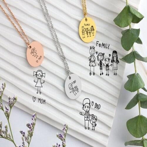 Hand-Drawn Necklace Kids Artwork Pendant Engrave Art Jewelry Gift for Mother Actual Drawing Pendant Graffiti Artwork Necklace