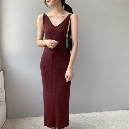 Dresses Woman Summer 2021 Long Maxi V -Neck Casual Solid Knit Dress Sling Harness Sweater Big Stretch Female Clothing Sundress