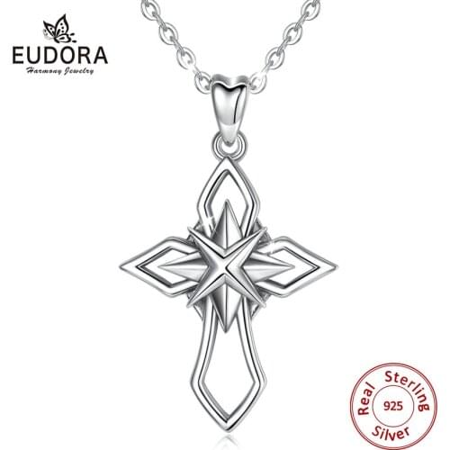 EUDORA 925 Sterling Silver Star & Cross Pendant Unique Cross Necklace Fashion Women Jewelry Silver Charm for Dropshipping D443