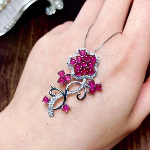 Luxurious lovely big Flower natural red tourmaline Pendant natural gemstone pendant S925 silver Women wedding gift fine jewelery