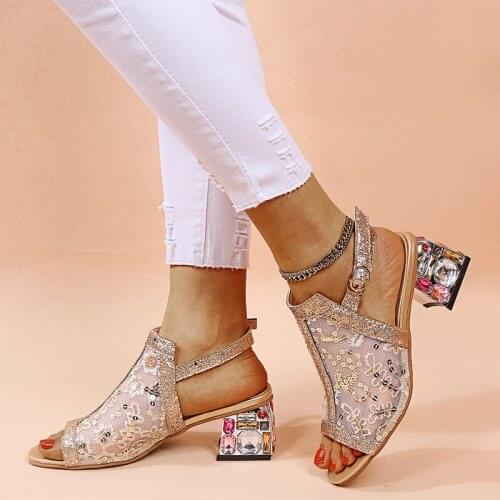 Women Square Heel Sandals Crystal Mesh High Heel Shoes Sexy Fashion Summer