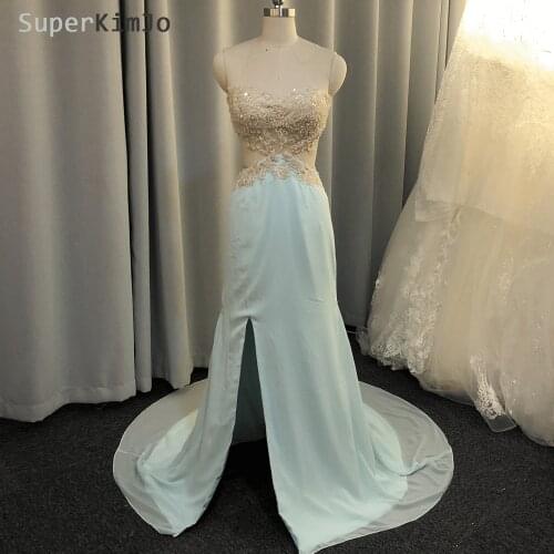 SuperKimJo Light Blue Mermaid Evening Dress 2020 Backless Sexy Lace Applique Beaded Evening Gown Vestido De Longo