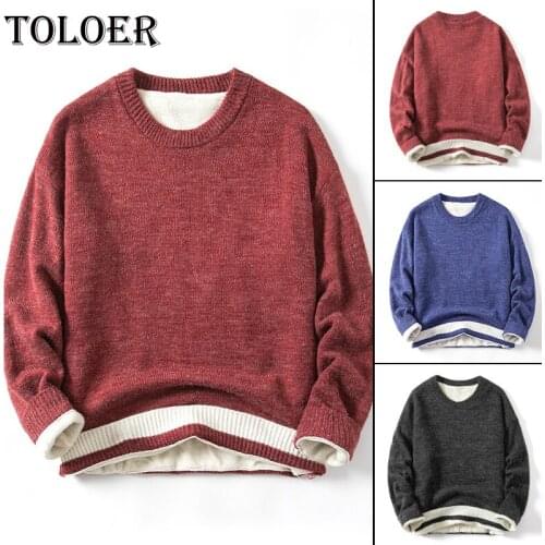 Winter Mens Fleece Thicker Sweater Round Neck Warm Men Patchwork Hit Color Pullover Quality Male Loose Knitted Wool Sweaters3XL