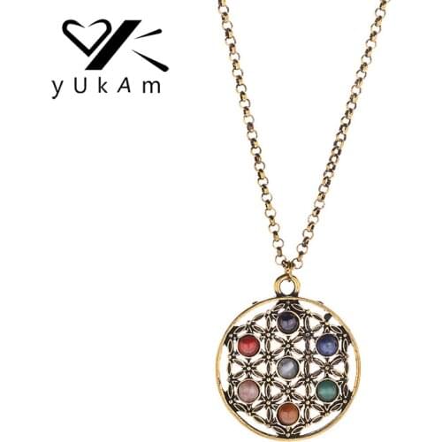 YUKAM Jewelry Gold Reiki Healing 7 Stone Beads Chakra Pendants Necklaces Yoga Flower of Life Sacred Geometry Necklaces for Women