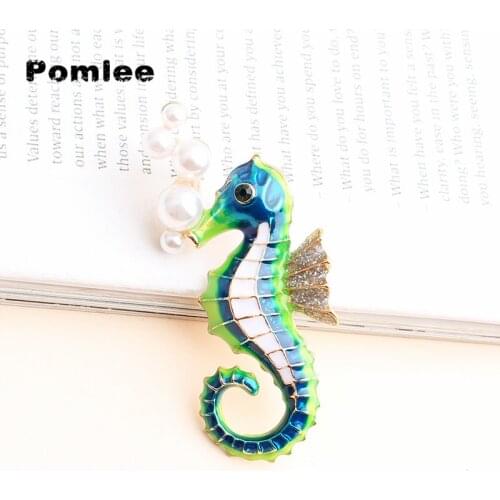 Pomlee 3 Colors Blowing Bubbles Hippocampus Brooches Women Men Ocean Series High Quality Party Causal Office Brooch Pins Gifts