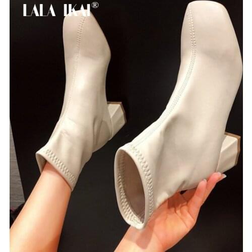 LALA IKAI Women Retro Ankle Boots Square Head PU Stretch Waterproof Riding Boots Autumn Winter Female Fashion 2020 XWC10253-4