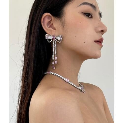 MENGJIQIAO Korean Luxury Elegant Pink Cystal Bowknot Drop Earrings For Women Girls Fashion Rhinestone Long Pendientes Jewelry