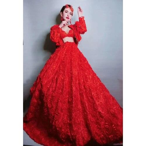 Red Flowers Bra Jack Skirt 3 Pieces Set Singer Dance Costume Women Nightclub Prom Party Outfit Women Birthday Celebrity Dresses