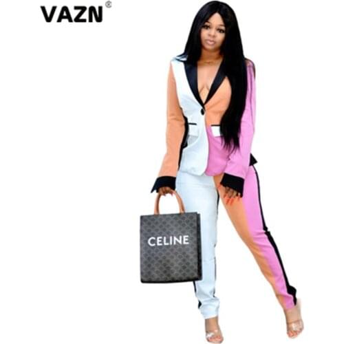 VAZN 2020 New Women Set Tracksuit Full Sleeve Ruffles Patchwork Pencil Pants Suit Two Piece Set Office Lady Outfits Uniform