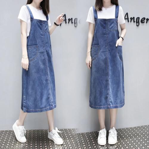 Korean Dress 2019 Autumn Women Fashion Denim Dress Midi Long Overall Dress Women Suspenders Jean Dresses Women 2019 AA4940