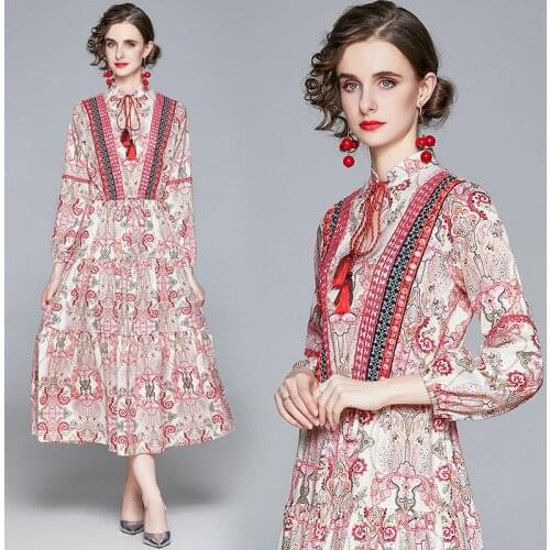 Elegant Pink Dresses for Women Party Big Shirt Dress Ethnic Vintage Print French Dress England Style Fashion Bow A-Line Dress