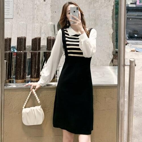 Fashion Turn Down Collar Patchwork Striped Knitted Dress Female Autumn Long Sleeve Plus Size Elegant Office Women Vestidoes