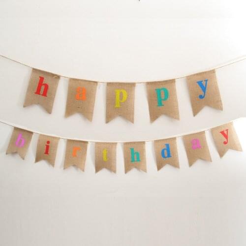 1pcs Happy Birthday Banner Colorful Rustic Burlap Hanging Pennant Flag Bunting for Rainbow Birthday Party Decorations