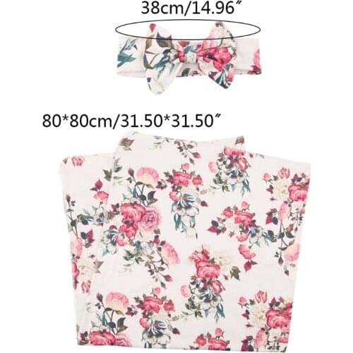 2 Pcs Newborn Baby Receiving Blanket Bowknot Headband Set Infant Print Swaddle U7EE