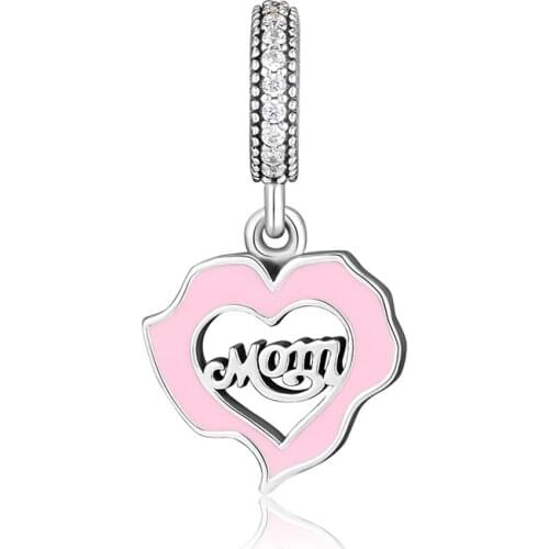 BEADS for Jewelry Making BraceletS Mom Love cHarMs with Pink Enamel 100% 925 OrigiNal Sterling Silver Jewerly Free Shipping