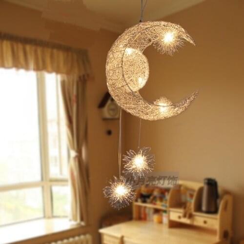 Children lamp Star Moon pendant light birds nest aluminium wire lamp Aluminum moon lights hand knitting pendant lamps ZA