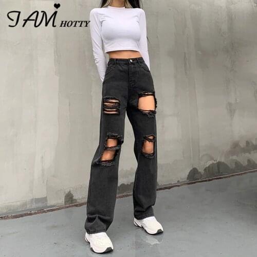 Black Hole Ripped Distressed Straight Womens Fashion Jeans Oversize High Waist Baggy Boyfriend Punk Denim Pants Street Iamhotty