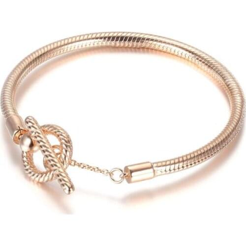 925 sterling silver moment round buckle rose gold snake chain slip ring pandora bracelet ladies jewelry gift