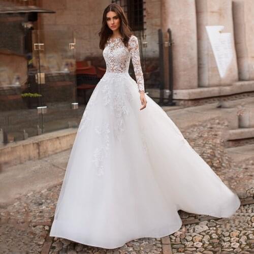 High-Neck Long Sleeve Appliques Lace Button Tulle A-Line Wedding Dress 2021 Vestido De Noiva Bridal Gown