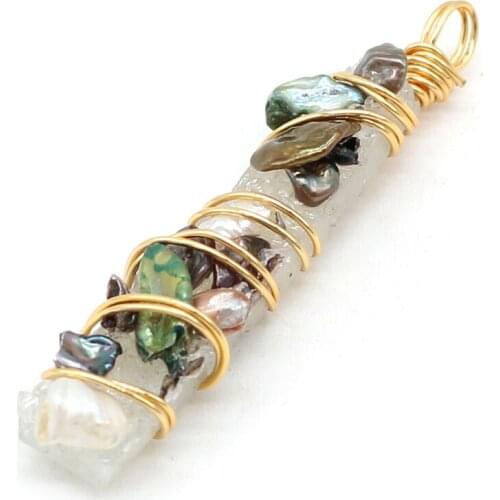 Natural Stone Pendant Rectangle Pearl Crystal Bud Winding Gold Wire Pendant for Women Making DIY Jewelry Necklaces Accessories