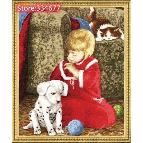 Cute kid Yarn ball girl and dog cat Cross Stitch Kit Needlework 14CT Unprinted Embroidered Top Quality DIY Handmade Decoration
