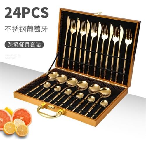 24pcs Wooden Box Cutlery Set Stainless Steel Tableware Set Knife Fork Spoon Luxury Cutlery Set Gift Box Flatware Dishwasher Safe