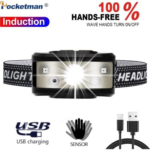 2021 NEW 50000LM IR Sensor Headlamp USB Rechargeable Headlight Induction Head Lamp Waterproof Head Torch Built-in Battery