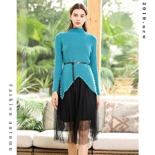 Autumn Winter Sweater Dress Set Women 2 Pieces Knitwear+Lace Dress Women Elegant Long-Sleeve Dresses