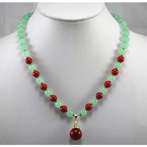 Designed 8mm light green jades with red shell pearl necklace 14mm shell pearl pendant necklace