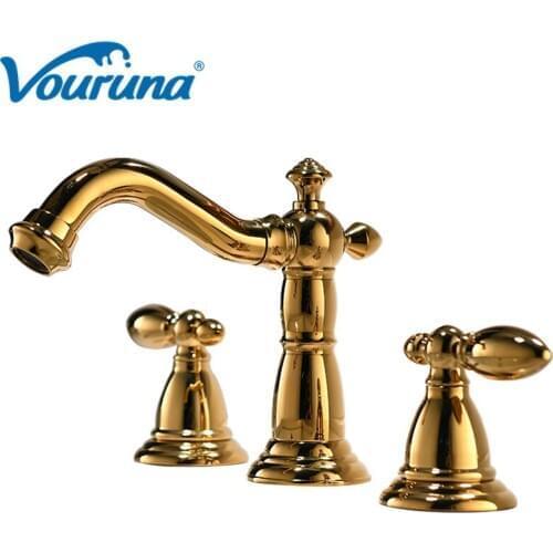 VOURUNA Luxurious Golden 3 Holes Bathroom Faucets Solid Brass Wash Basin Mixer Taps