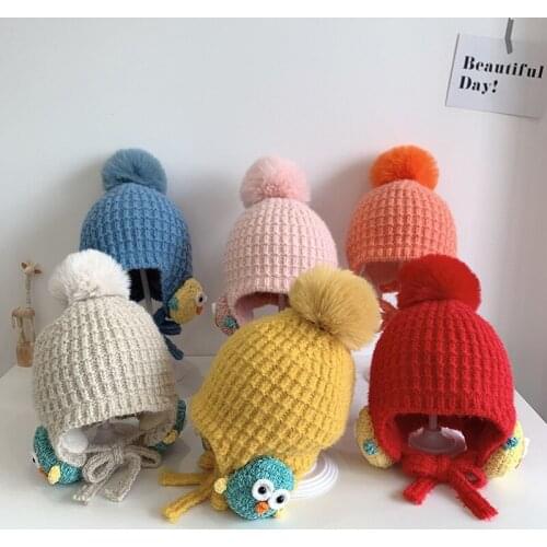 Kids Baby Girls Hats Thick Warm Headdress Infant Autumn Winter Hats for Boys Bird Ear Protection Lace-up Woolen Caps Fashion