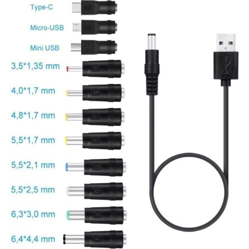 11in1 5V USB to 5.5x2.1mm 3.5mm 4.0mm 4.8mm 6.4mm 5.5x2.5mm Type C Micro USB Mini USB Plug Charge Cord for Cellphone Fan HCCY