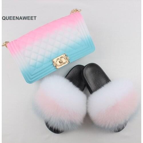 Women Fox Fur Slides Summer New Flat Flip-flops Mixed-color Jelly Purses Set Dropshipping Hand Bags Fashion Fluffy Sandals