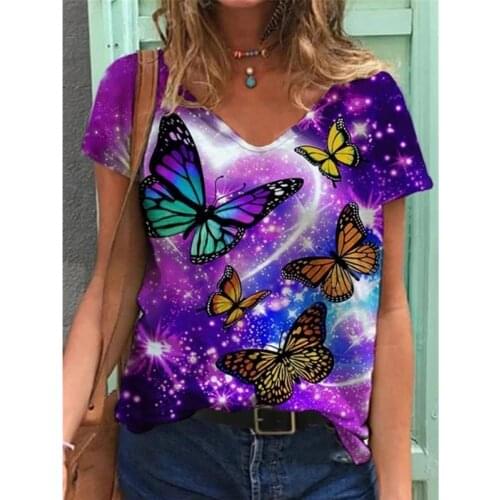 Summer Fashion Women Loose Flower Animal Scenery Printed T-shirt Short Sleeve Tops V-neck Casual Blouse