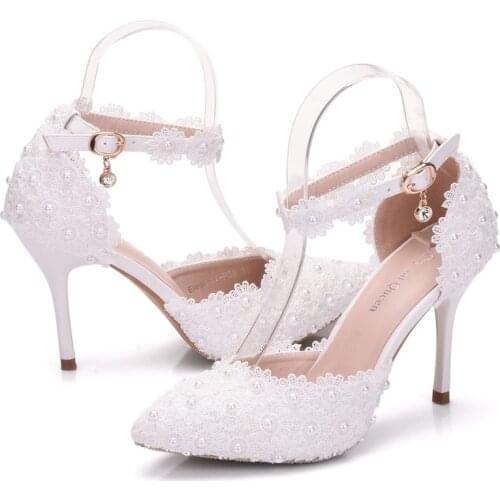 Women Shoes High Heels Pumps Buckle Strap Hollow Lace Pointed Toe Thin Heels 9.5CM Woman White Wedding Shoes Office Lady Dress