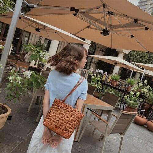 Female Cowhide Vintage Handmade Hollowed-out Woven Basket Cotton Cloth Shoulder Bag French Elegant Resort Womens Beach Bag
