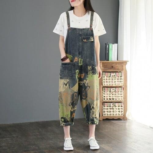 Denim Printed Overalls Women 2021 New Summer Casual Suspenders Harem Pants Plus Size Cropped Pants Jumpsuits and Bodysuits