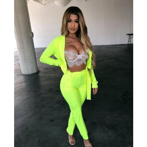 Green Short Blazer High Waist Pant Suits Women Solid Color Two Piece Set Casual Office Blazer Suit with Free Belt Big Sashes OL