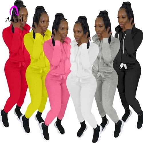 Fitness Women 2 Piece Set Solid Long Sleeve Zipper Fly Hooded Coat + Jogging Pants Matching Set 2021 Autumn Workout Tracksuits