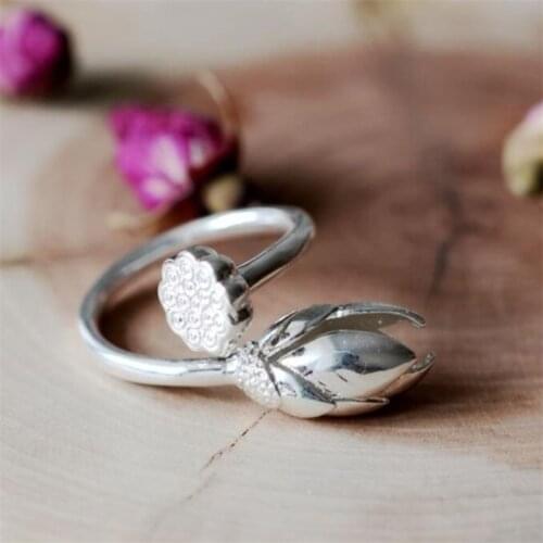 Season Gate 925 Sterling Silver Artistic Elegant Lotus and Root Flower Adjustable Size Open Ring SR188