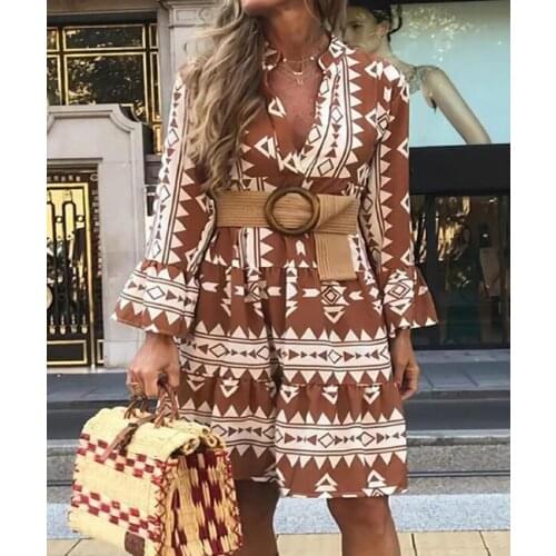 Vintage Office Lady V Neck Casual Dress Elegant Loose Half Sleeve Ruffles 2021 Fashion A-Line Bohemian Style Beach Design Dress