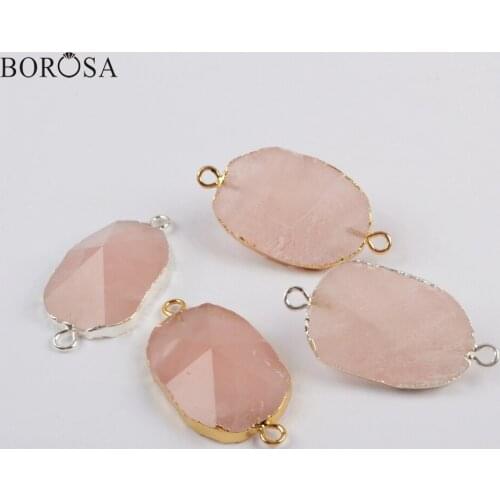 BOROSA 5PCS Silver Plated Rose Quartzs Faceted Connectors Natural Pink Quartz Gild Charm for Women Bracelets Gifts G1812