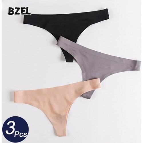 BZEL 3Pcs/Lot Sexy Womens Silk Panties Set Underwear Seamless Sport Thongs Low Waist Solid Female Breathable G-String Tanga
