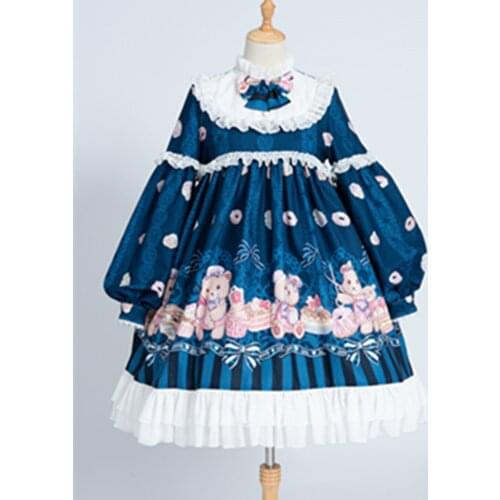 Lolita Dress Long Sleeve Nurse Bears Printed Bow and Pleated Ruffles Lolita One Piece Dress