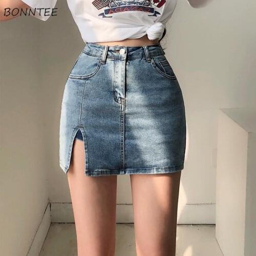 Denim Skirts Women Mini Pockets Side-slit Elegant Vintage Leisure Slim All-match Summer Female Clothing Aesthetic Stylish Daily