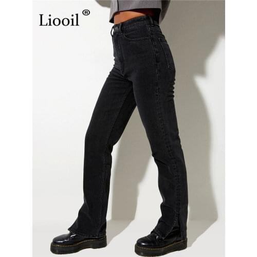 Liooil Boyfriend Slit High Waisted Jeans Women Streetwear Straight Leg Black Skinny Jeans Pants Fall 2021 Casual Denim Trousers
